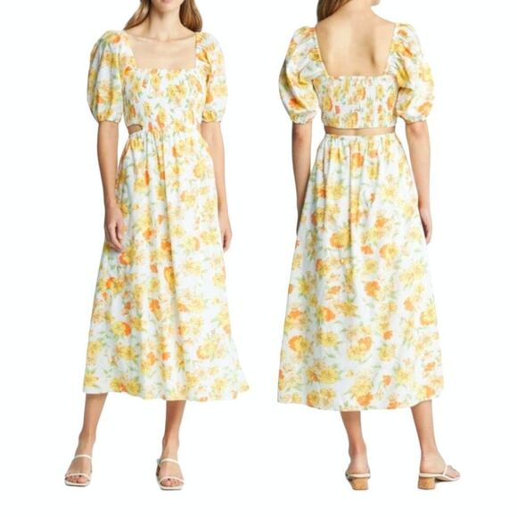 Faithfull The Brand Cutout Spring Loucetta Romantic Cottage Midi Dress NWT Sz S - Picture 1 of 15